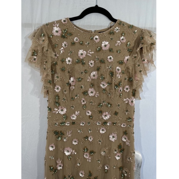 NEW $538 Mac Duggal‎ [ 6 ] Embellished High Neck Flutter Sleeve Gown Nude - Picture 9 of 14